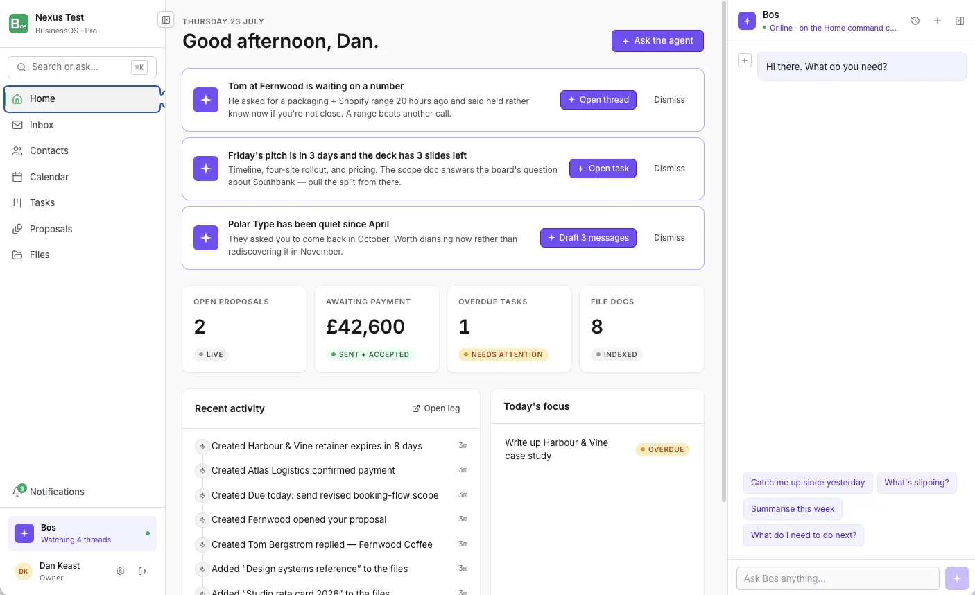 The BusinessOS home screen: a daily briefing from the agent, open proposals, recent activity and a chat panel.