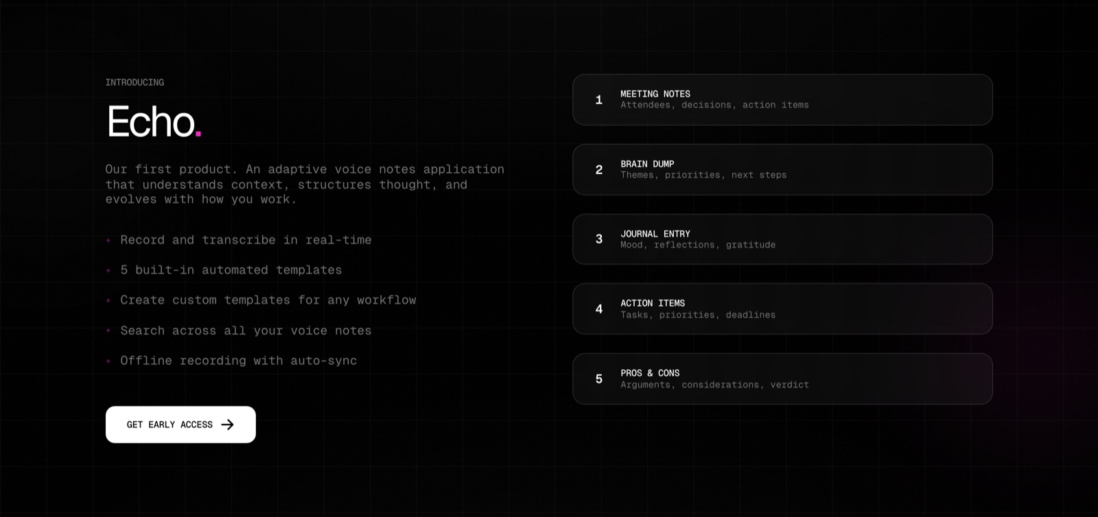 The Echo section of orbit-1.ai: the Echo wordmark, its feature list, and the five built-in templates from Meeting Notes to Pros and Cons.
